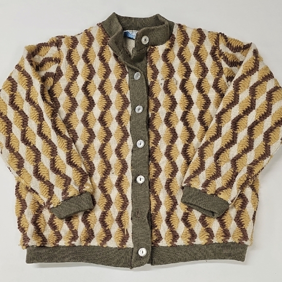 Kids Vtg Geometric Patterned Cardigan - Brown Green Zig Zag, PAY ATTN TO SIZING! - Picture 1 of 9